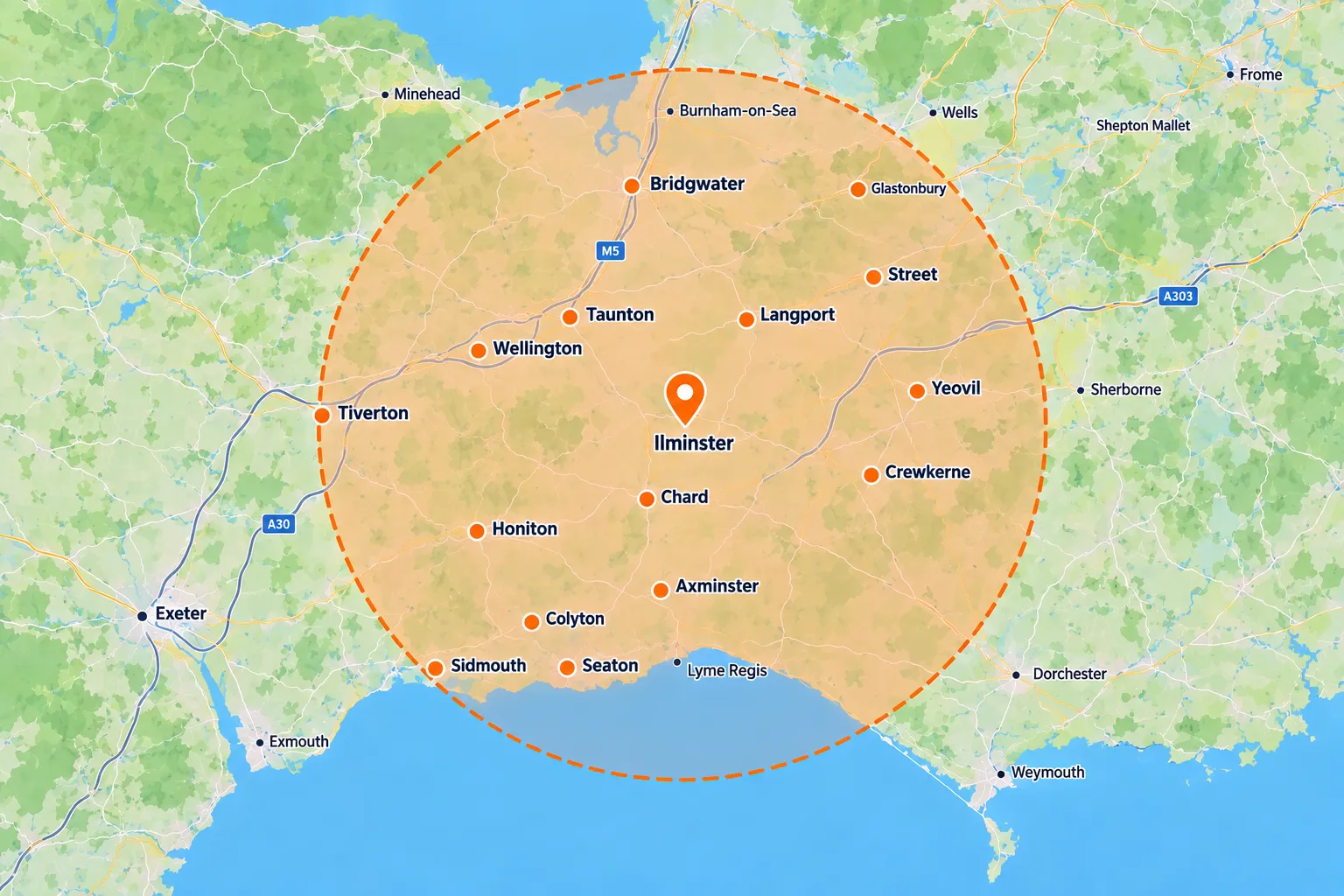 Map showing Heat-Plus coverage area: a 30-mile radius around Ilminster taking in Taunton, Wellington, Tiverton, Honiton, Axminster, Seaton, Sidmouth, Chard, Crewkerne, Yeovil, Langport, Street, Glastonbury and Bridgwater